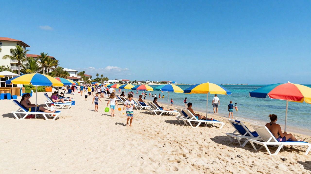 Crowded sunny beach at an all-inclusive resort during summer school holidays