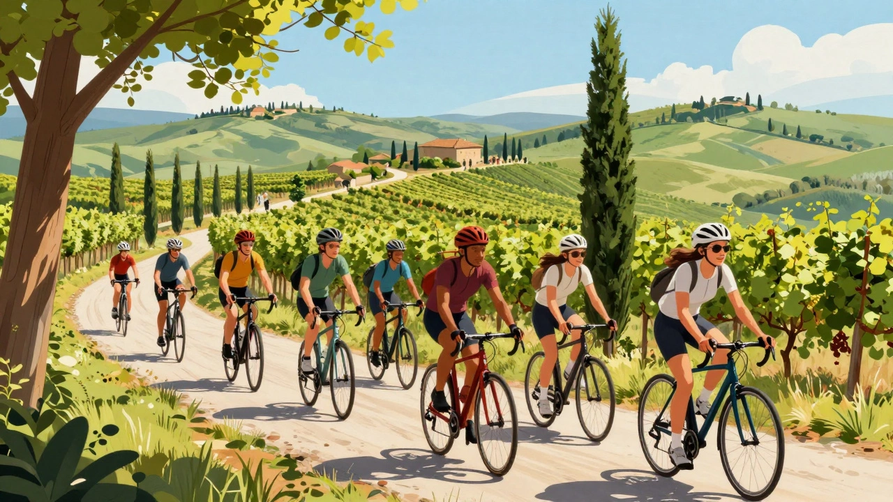 Group cycling through sunny Tuscan vineyards on a summer day