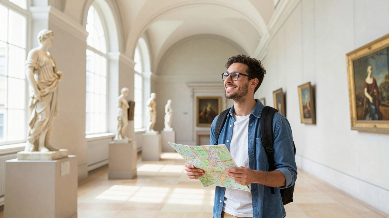 Happy tourist enjoying free art exhibits in a sunlit London museum gallery