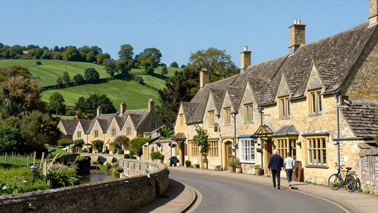 Honey-stone cottages and river bridge in Cotswolds