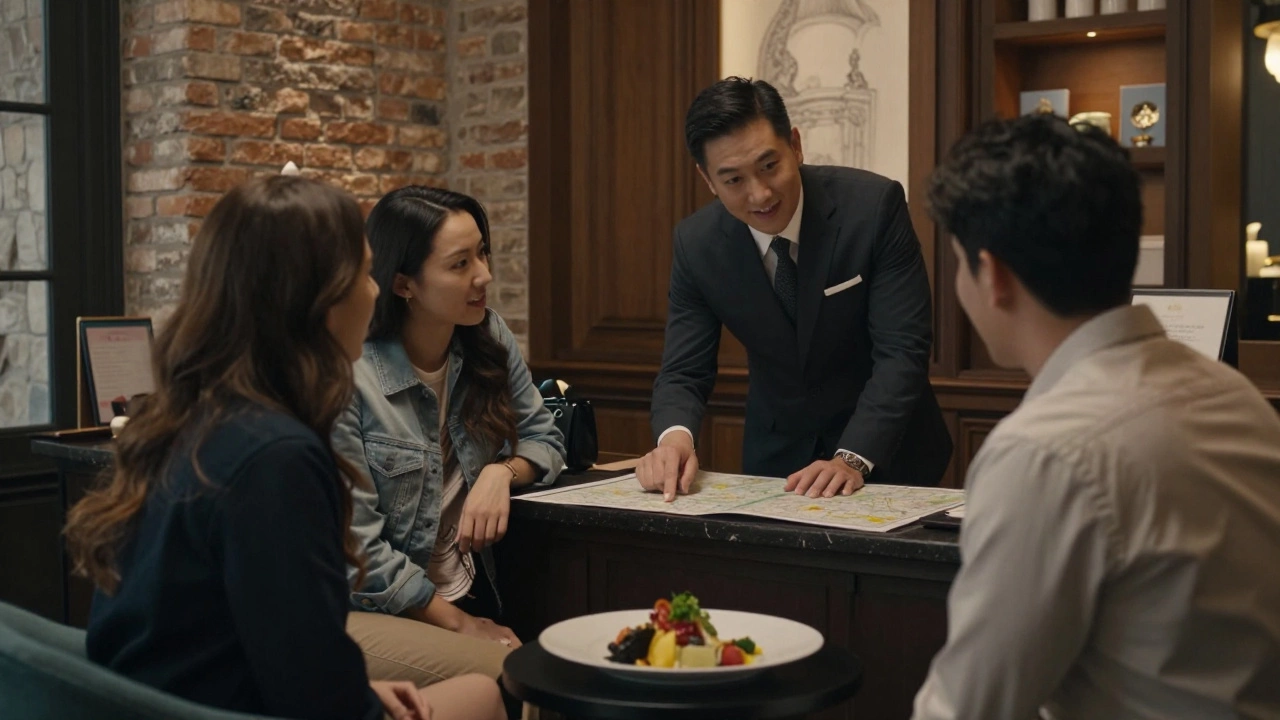 Hotel owner giving personalized travel advice to guests in a stylish boutique hotel lobby