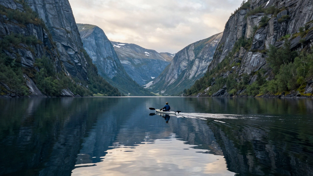 Kayaker paddling in calm Norwegian fjords surrounded by cliffs