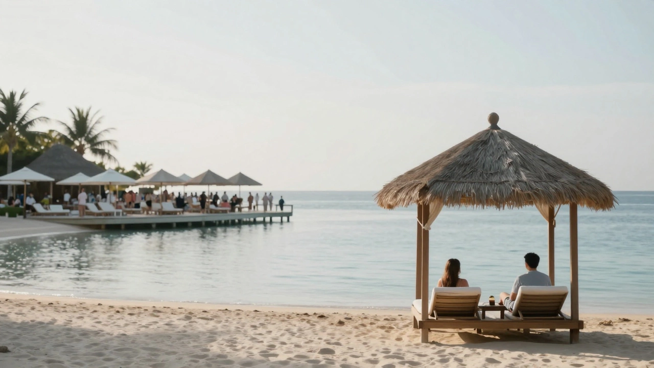 Peaceful empty resort cabana by a calm lagoon representing off-peak travel