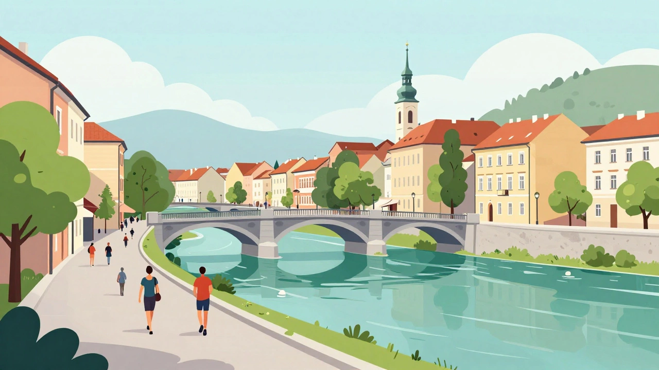 Pedestrian-friendly Ljubljana, Slovenia, with its iconic bridge and calm river atmosphere.