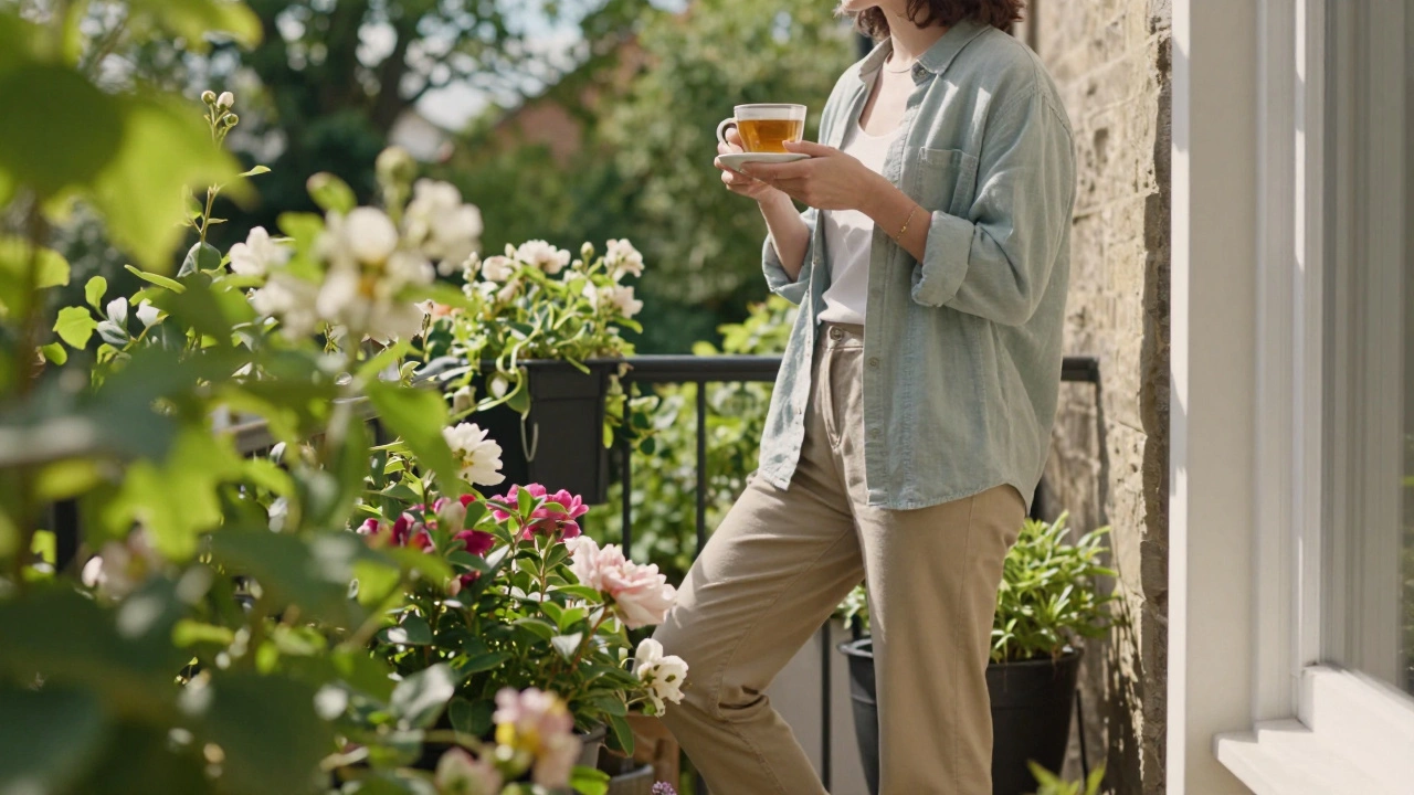 Person enjoying fresh air and sunlight on a sunny balcony
