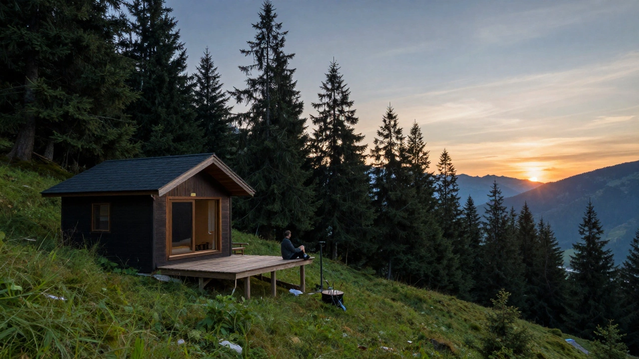 Relaxed person enjoying a peaceful nature staycation at sunset