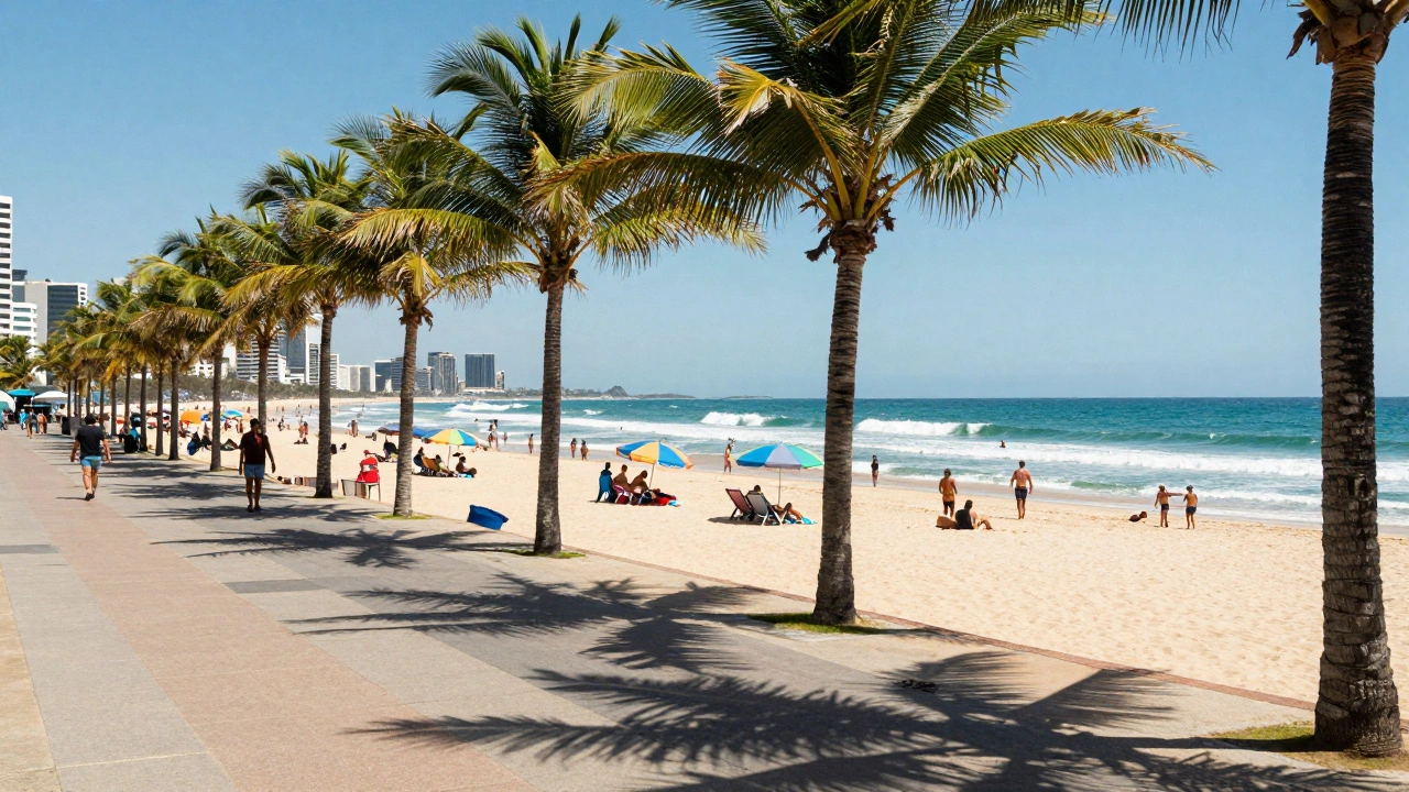 Sunny Durban beach promenade with surfers and palm trees