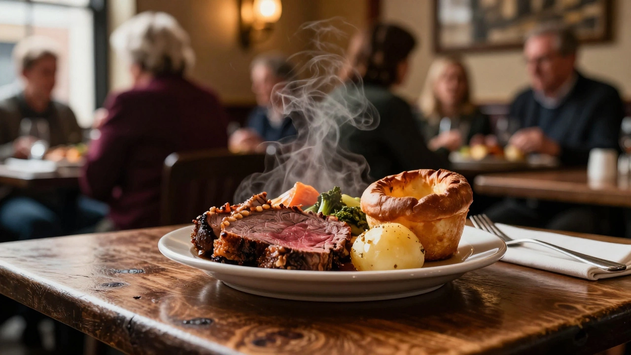 Traditional Sunday Roast dinner served in a cozy British pub