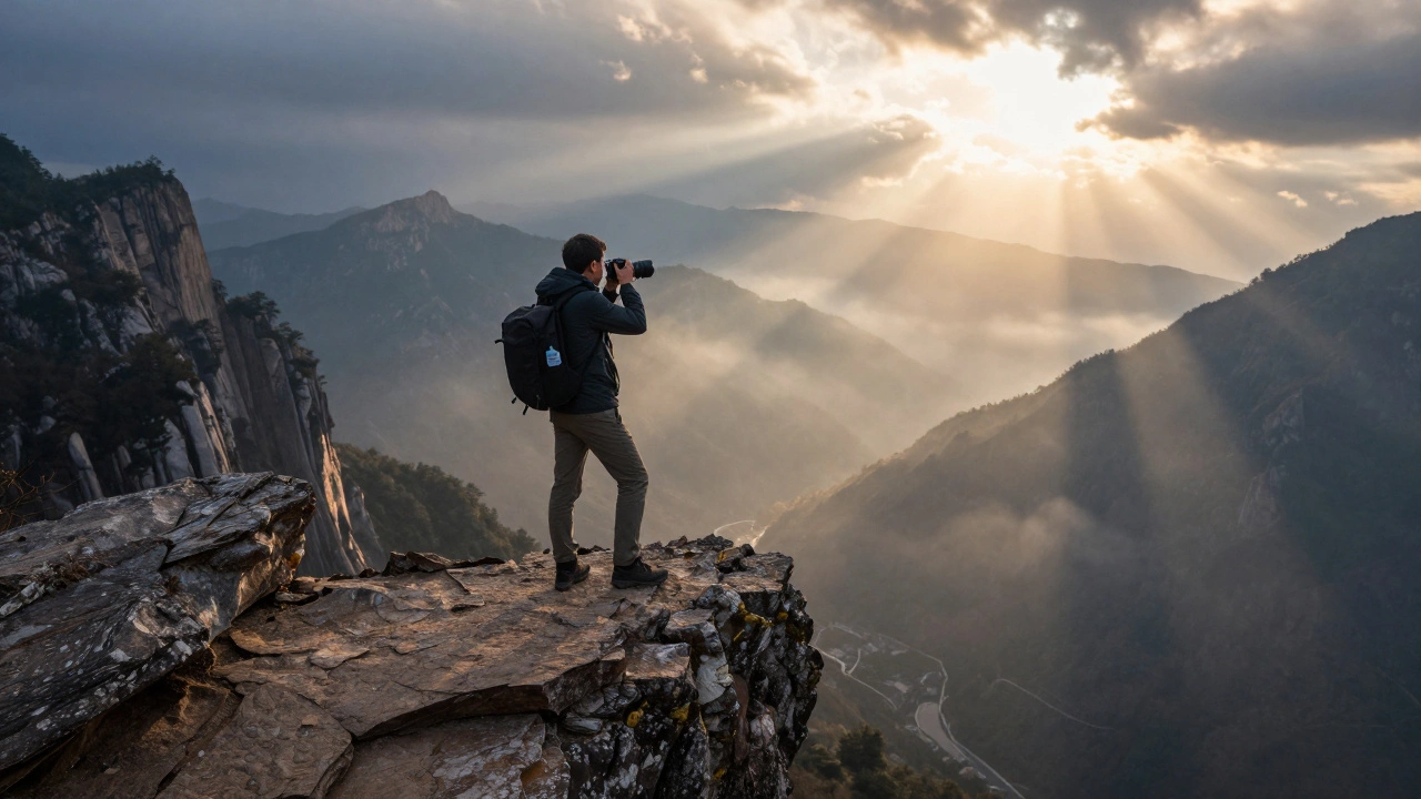 Traveler photographing a majestic mountain landscape inspired by documentary exploration