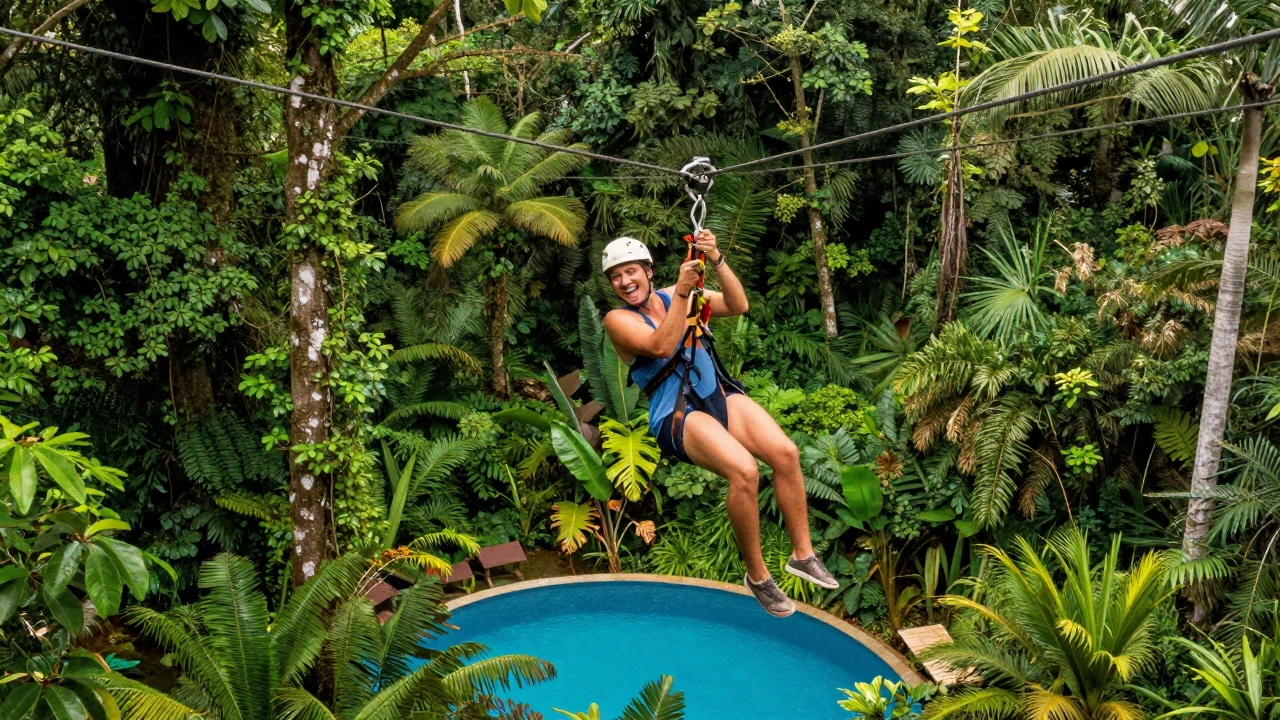 Traveler zip-lining through lush tropical rainforest canopy for an immersive eco-adventure