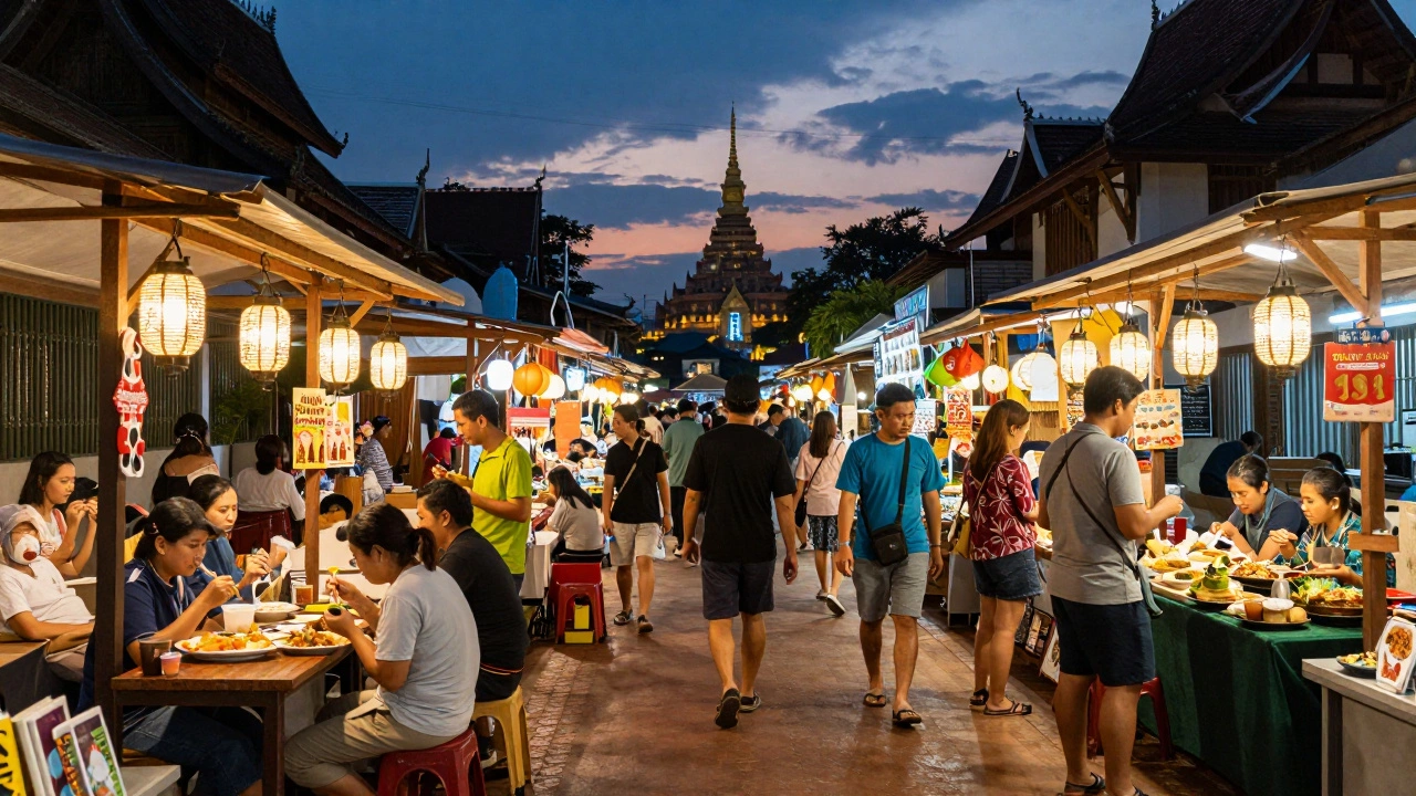 Vibrant night market in Chiang Mai, Thailand, highlighting budget travel and community safety.