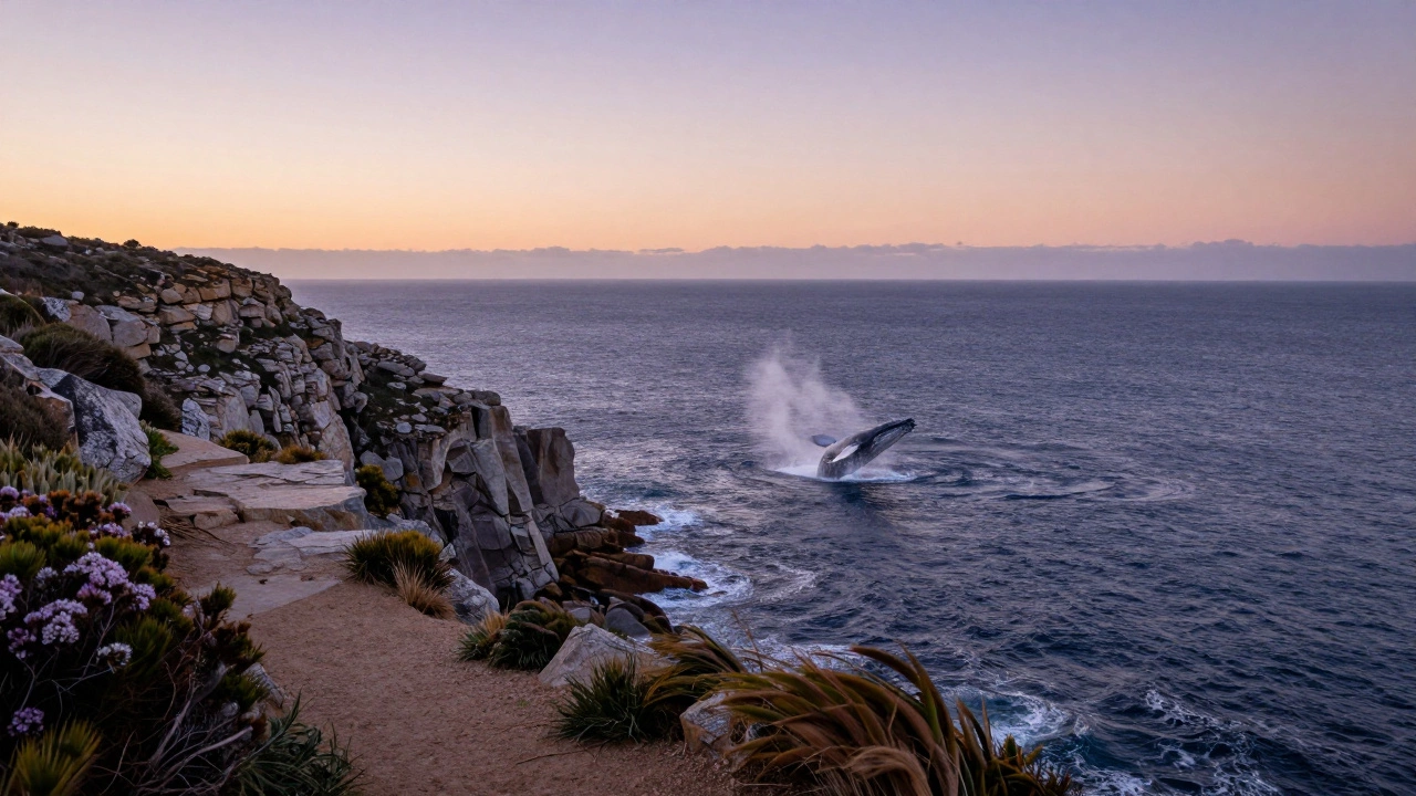 Whale breaching near Hermanus cliffs at sunrise over the ocean