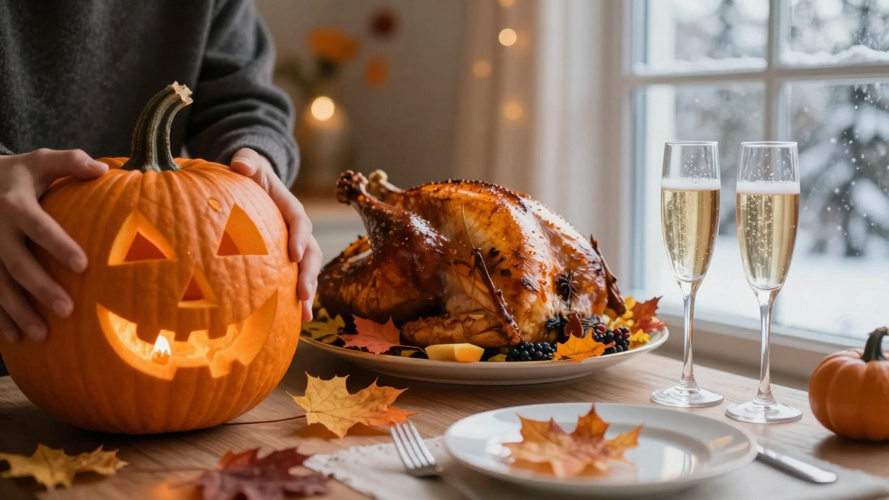 Composite image showing Halloween, Thanksgiving, and New Year scenes