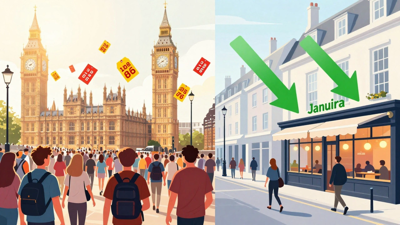 Conceptual art contrasting crowded summer travel with serene, budget-friendly winter trips