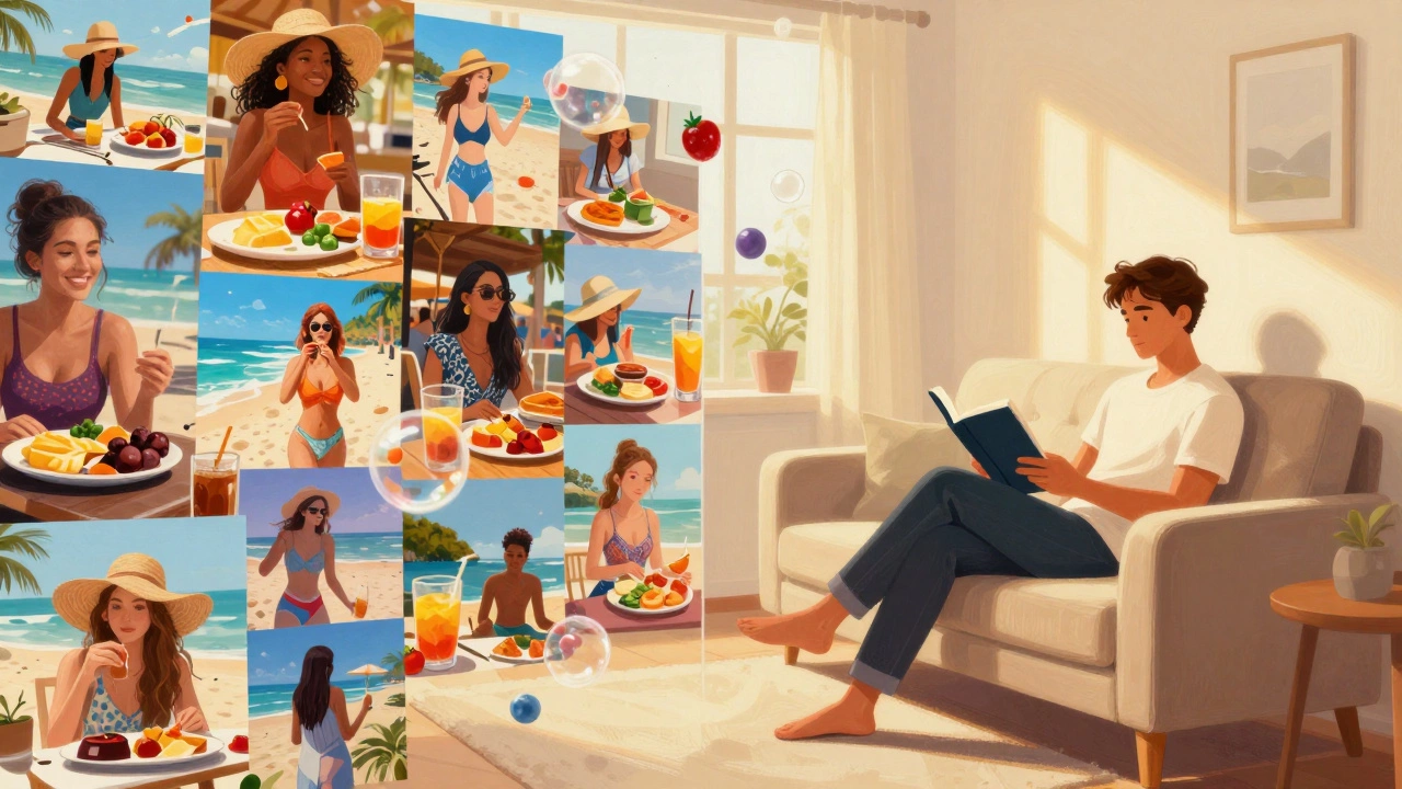 Contrast between chaotic social media ideals and calm home reading