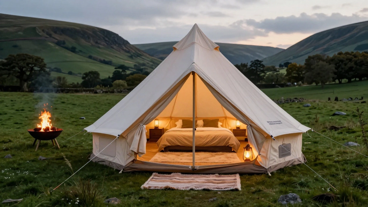 Cozy luxury glamping tent with a fire pit in a lush green meadow at dusk