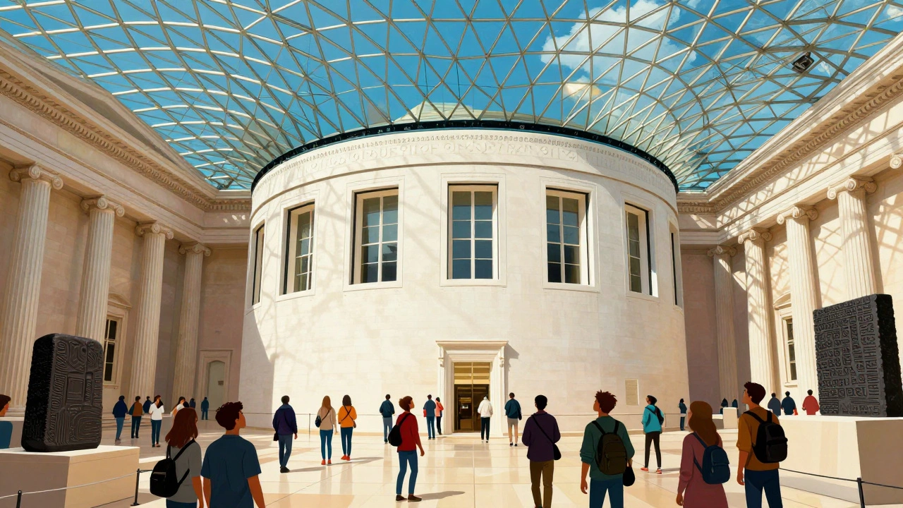 Crowds inside the British Museum Great Court under glass ceiling