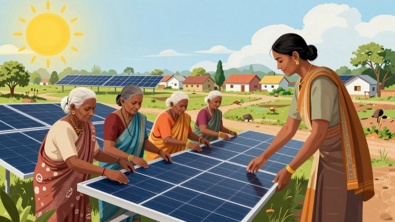 Elderly women building solar panels in a rural Indian village