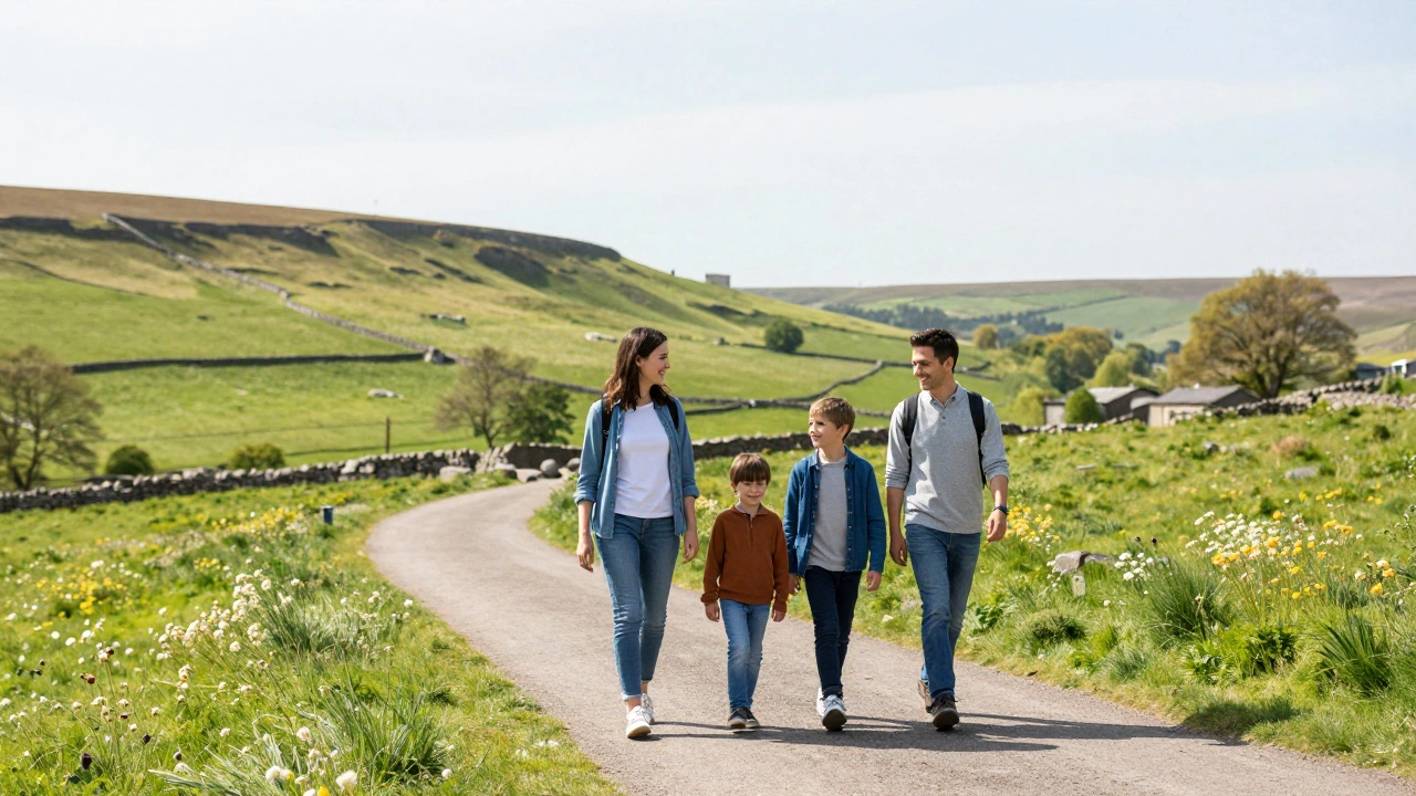 Family hiking in Yorkshire Dales, showcasing affordable off-peak UK staycation options