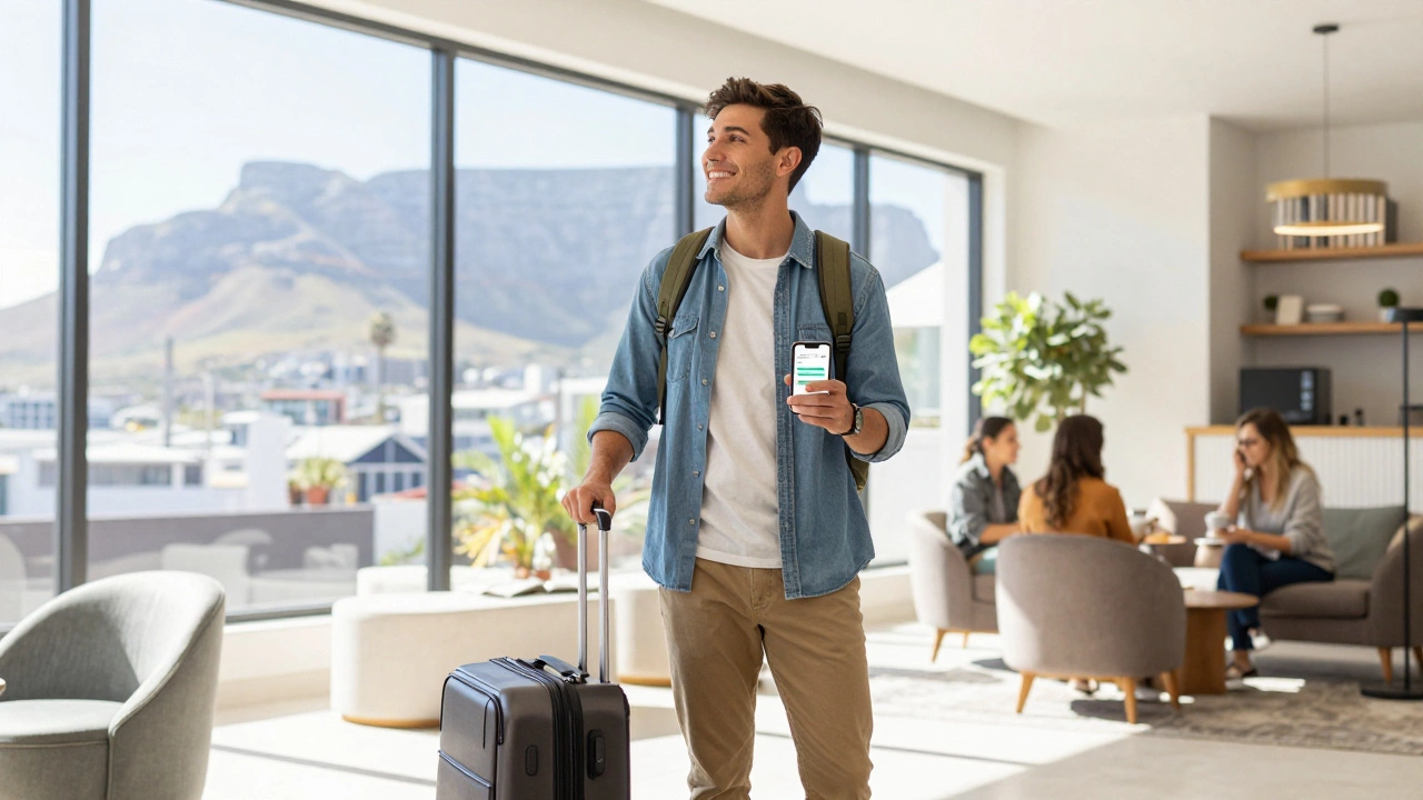 Happy traveler with carry-on bag in Cape Town hotel