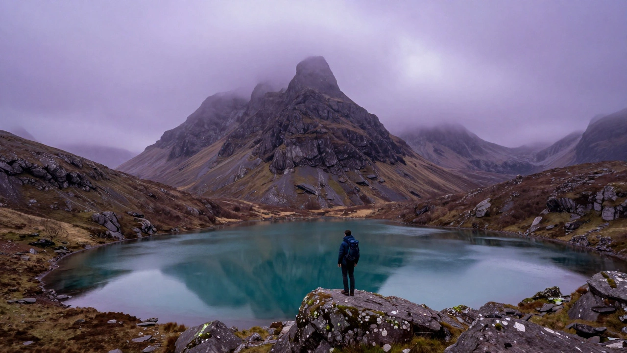 Hiker overlooking misty mountains and a turquoise loch in the Scottish Highlands