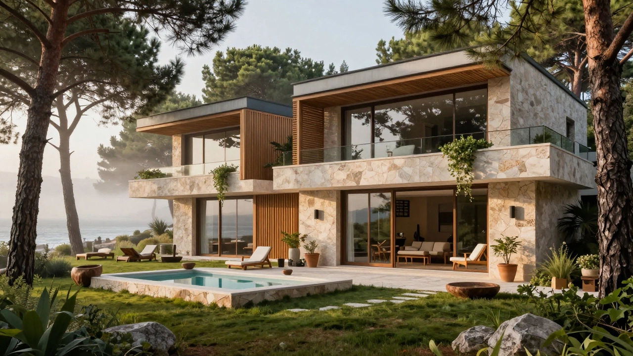 Modern eco-resort blending into pine forest near the sea