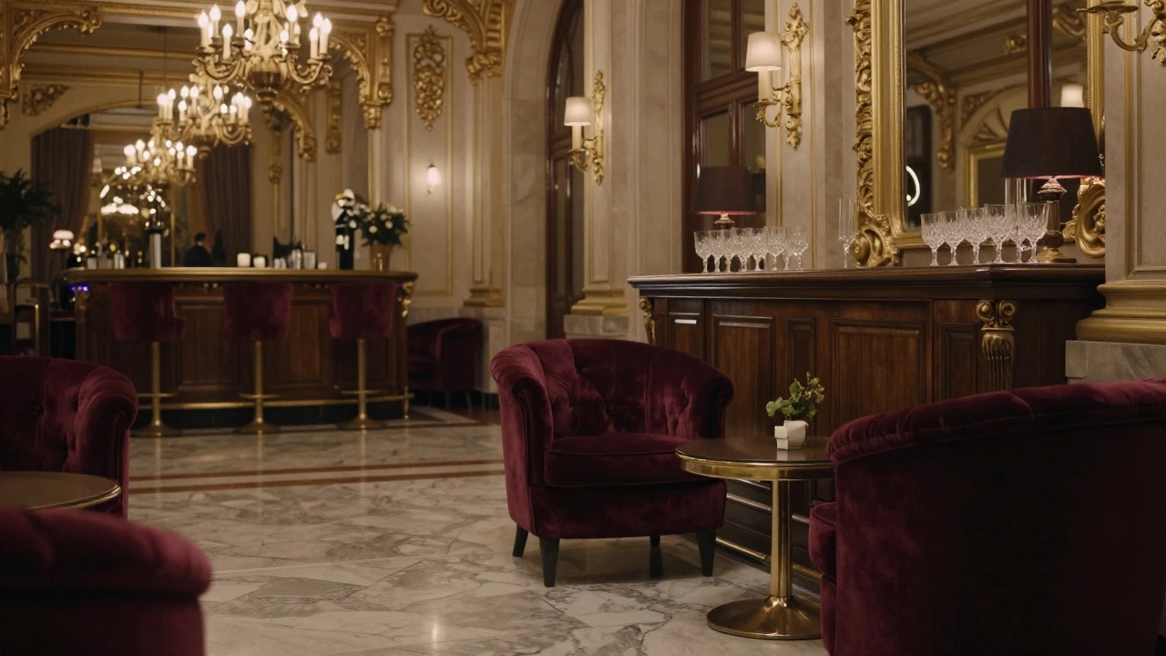 Ornate historic hotel lobby with gold details and velvet chairs