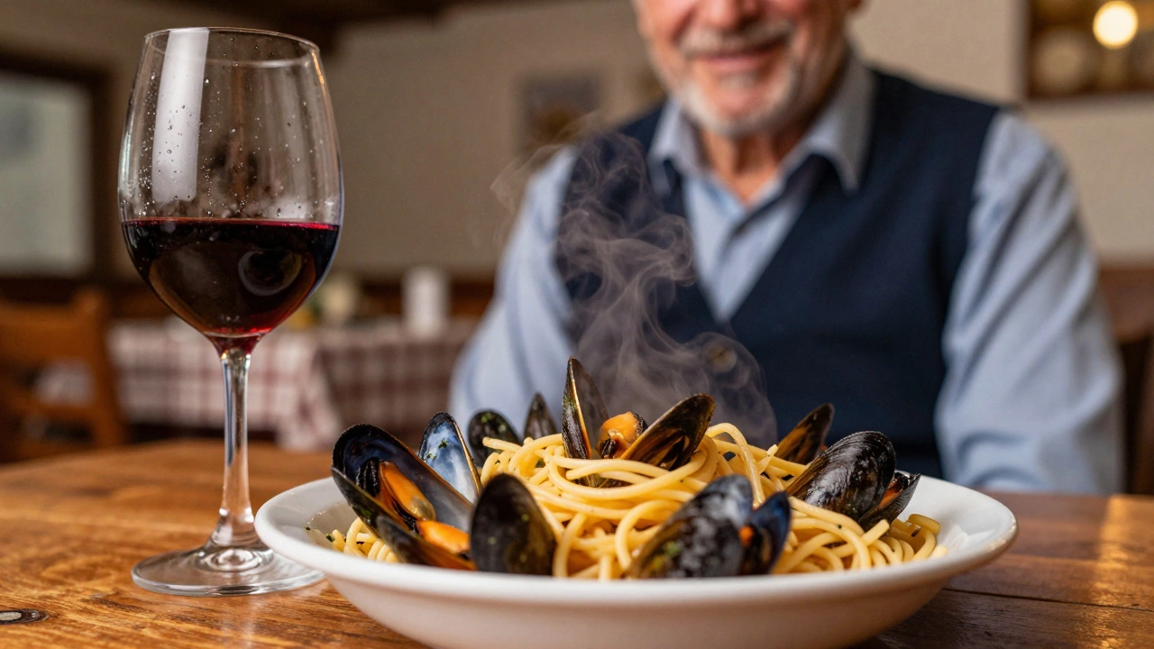 Traditional spaghetti with mussels and wine at a local Croatian taverna