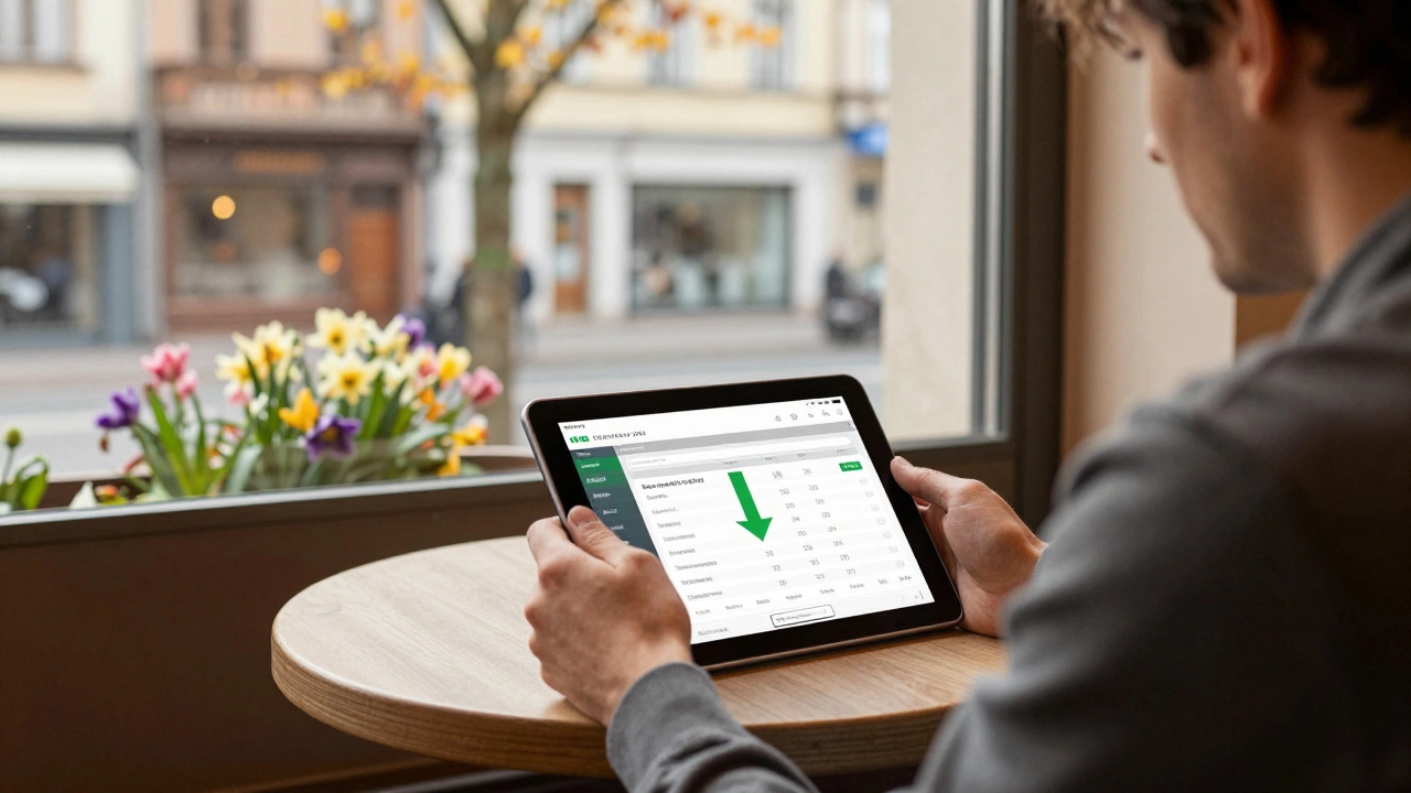 Traveler checking discounted flight prices on tablet at a cafe
