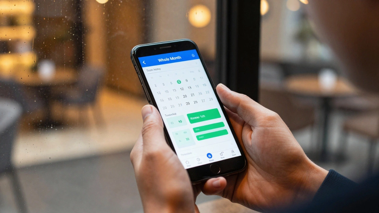 Traveler checking flight prices on a smartphone in a cozy, rainy hotel lobby