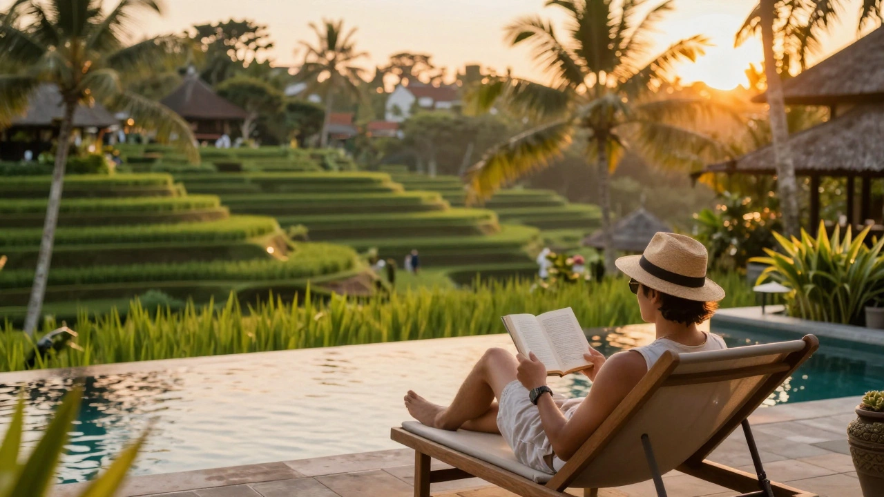 Traveler relaxing by pool with Bali rice terraces view