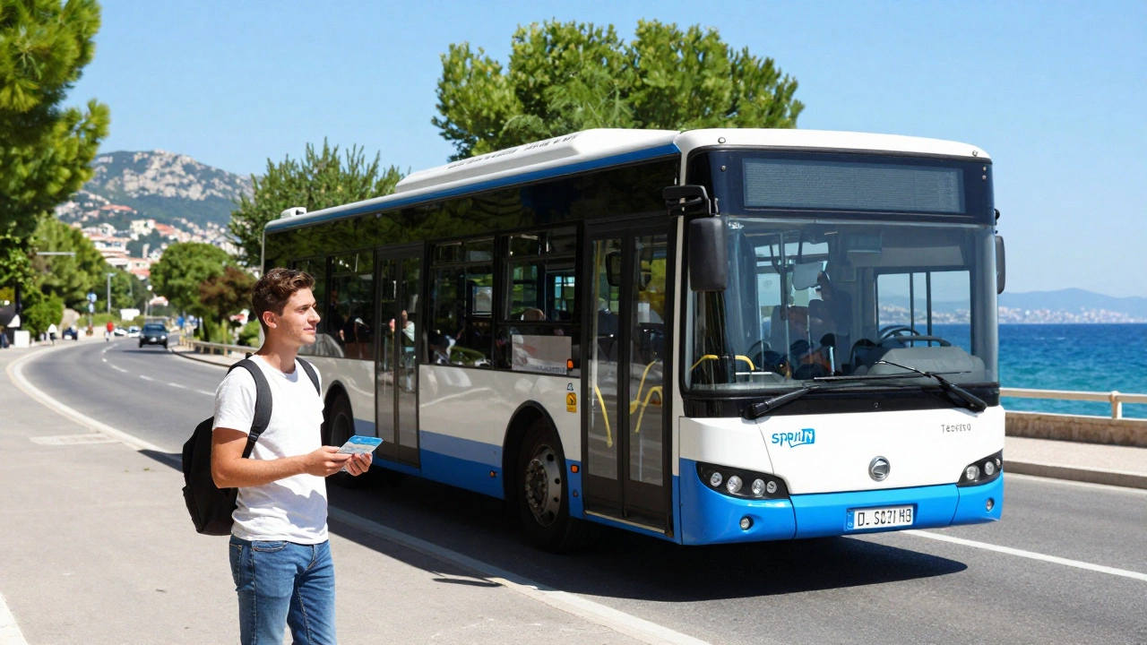 Traveler with bus pass near a city bus overlooking the Adriatic Sea