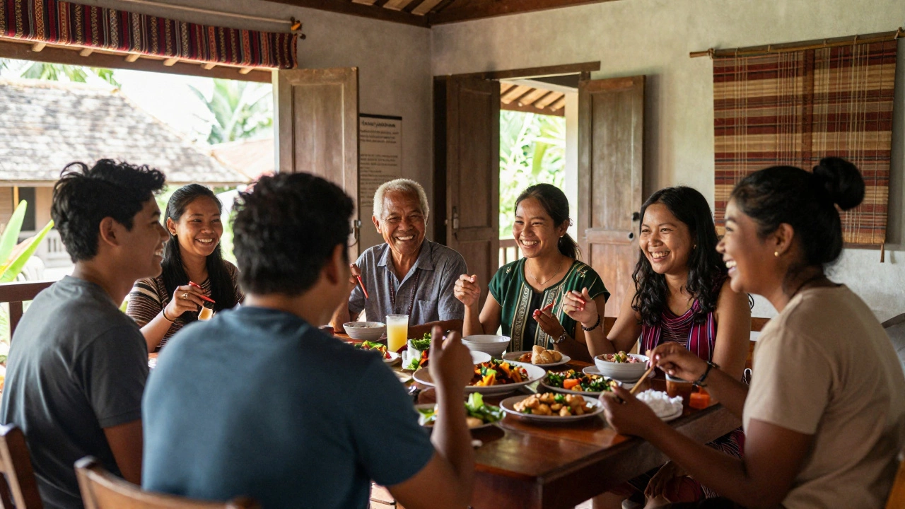 Travelers and local guides sharing a meal at a rustic guesthouse in Southeast Asia