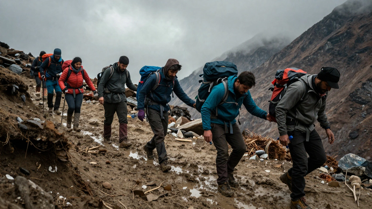 Trekking group navigating a muddy mountain path in Nepal