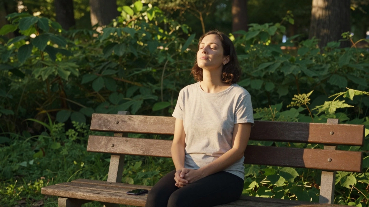 Woman resting peacefully in a park with phone away, enjoying nature