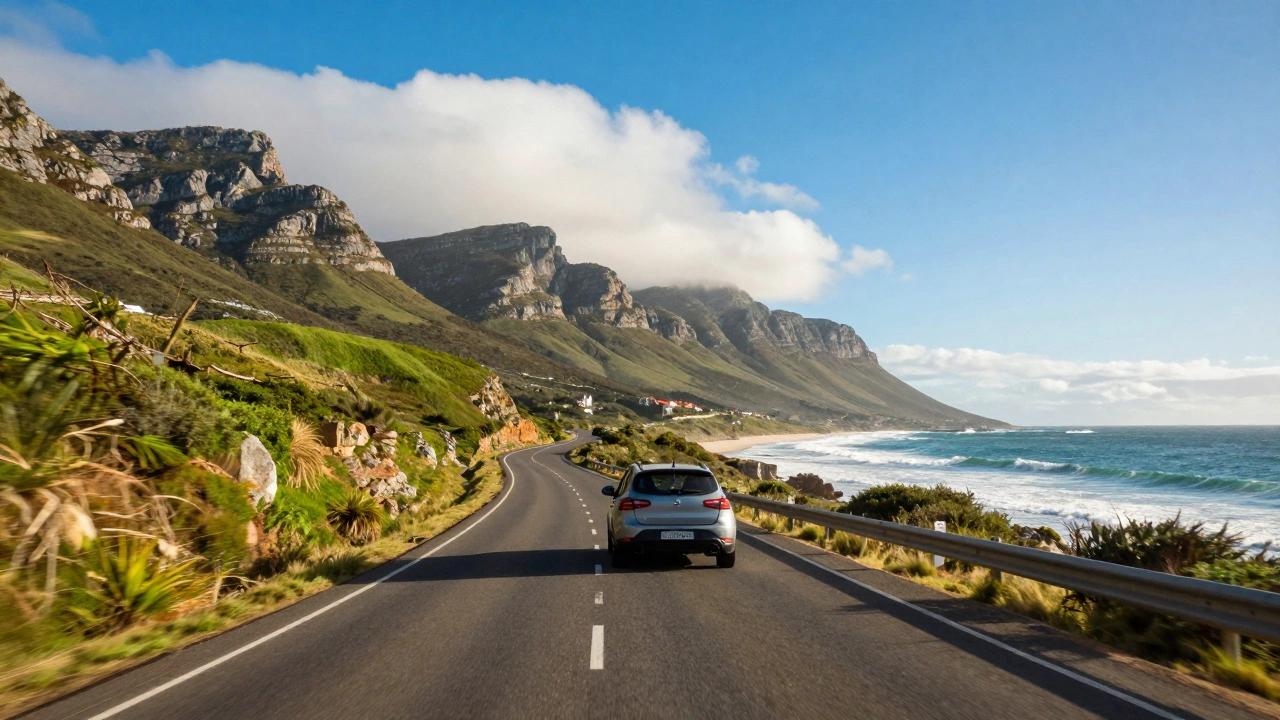 Car driving along a scenic coastal road towards the ocean