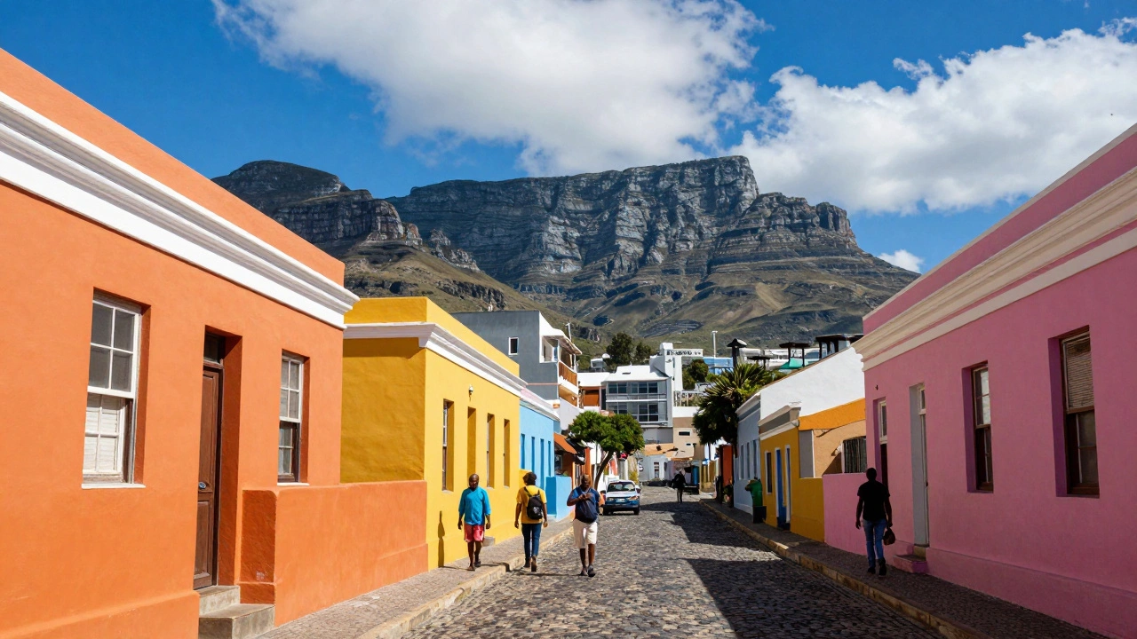 Colorful Bo-Kaap houses in Cape Town with Table Mountain in background