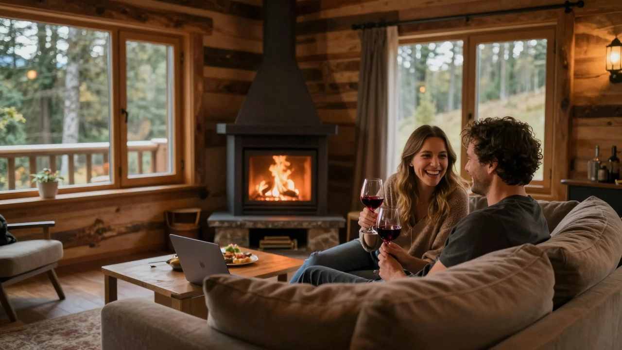 Couple relaxing with wine in a cozy cabin without devices
