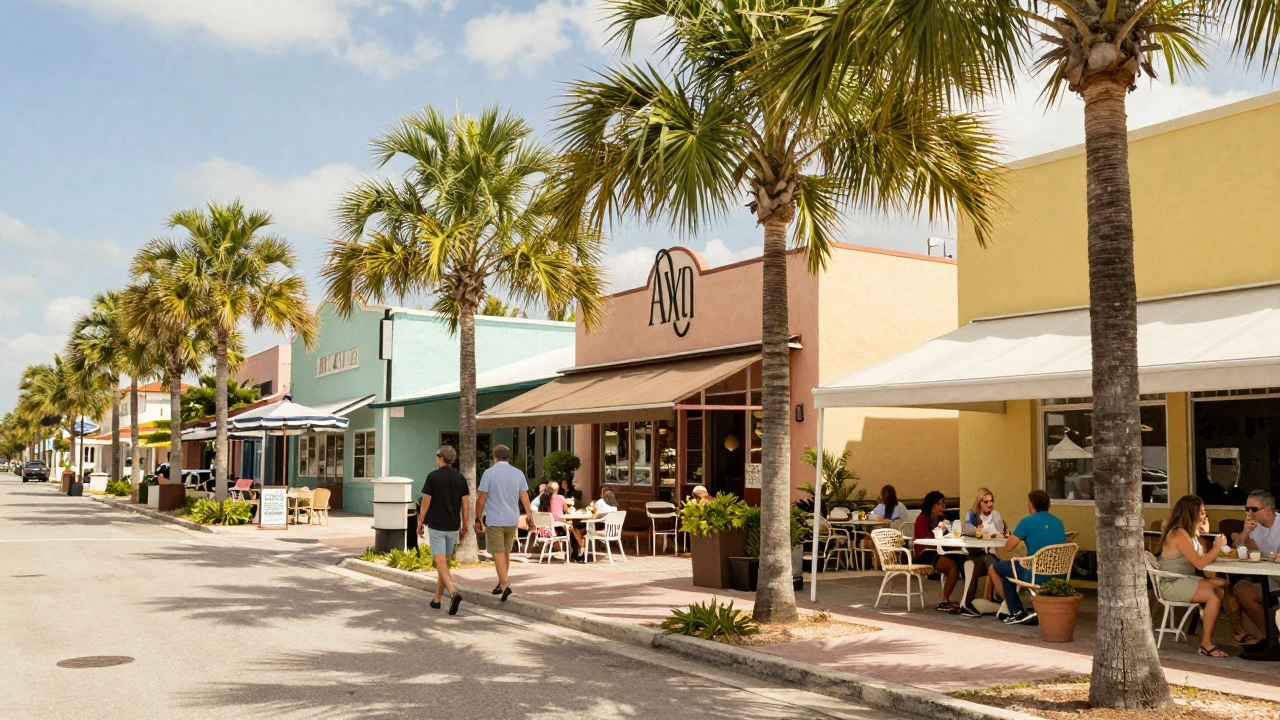 Couple walking on sunny, uncrowded Florida street in May