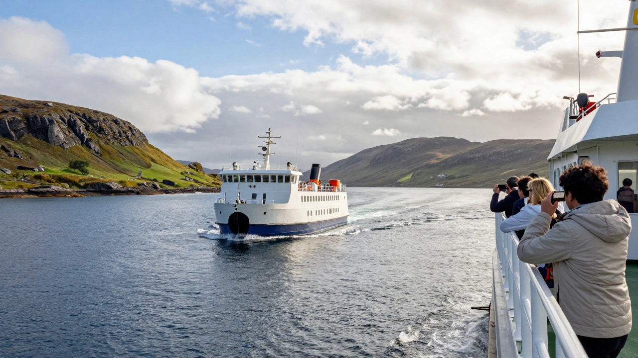 Ferry crossing scenic coastal waters with tourists enjoying views of green cliffs