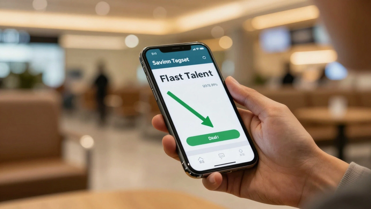 Hands holding phone showing dropping flight prices