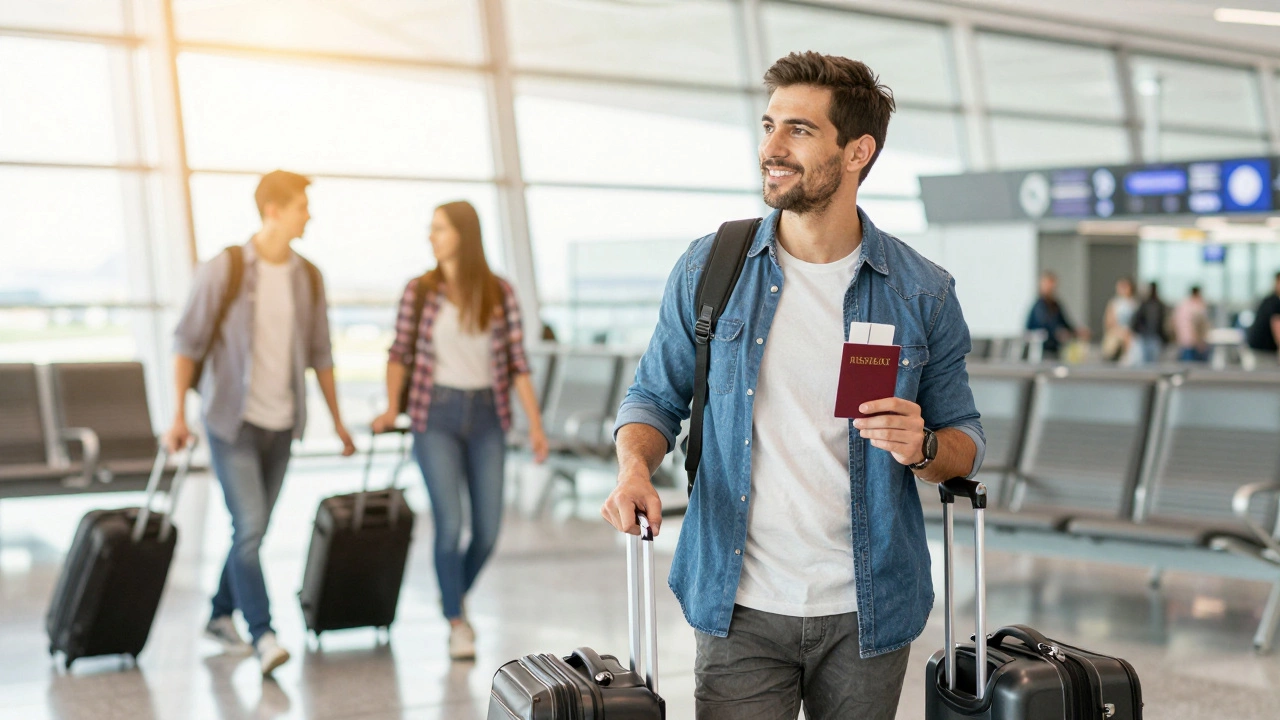 Happy traveler with carry-on bag at sunny airport departure gate