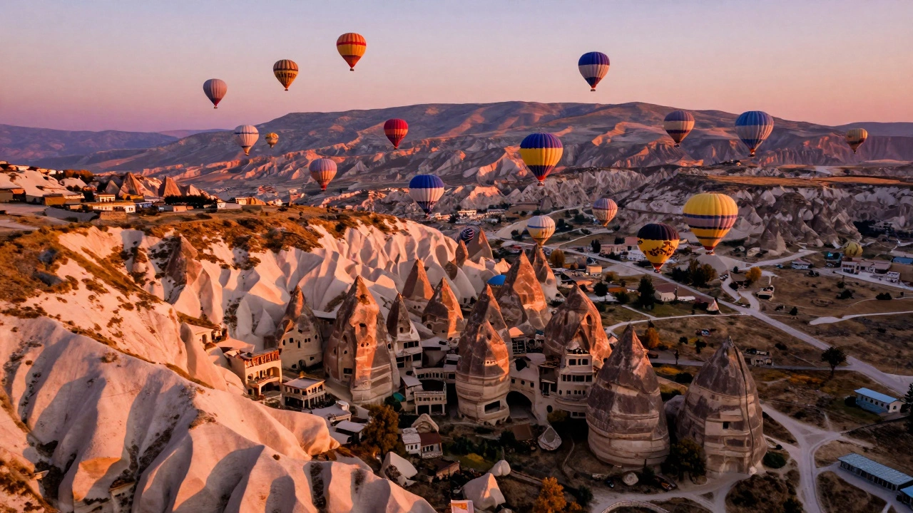 Hot air balloons floating over Cappadocia's rock formations at sunrise