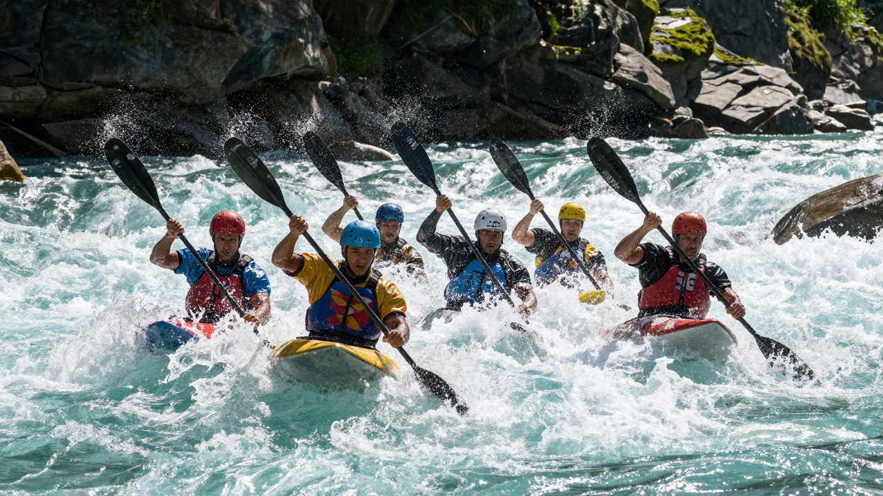 Kayakers navigating turbulent white water rapids