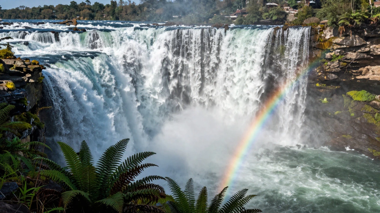 Majestic waterfall with rainbow in misty gorge