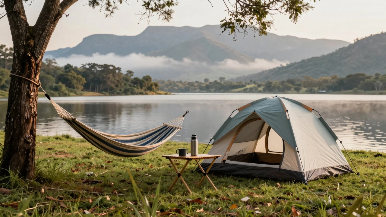 Peaceful camping scene by a lake in a South African national park