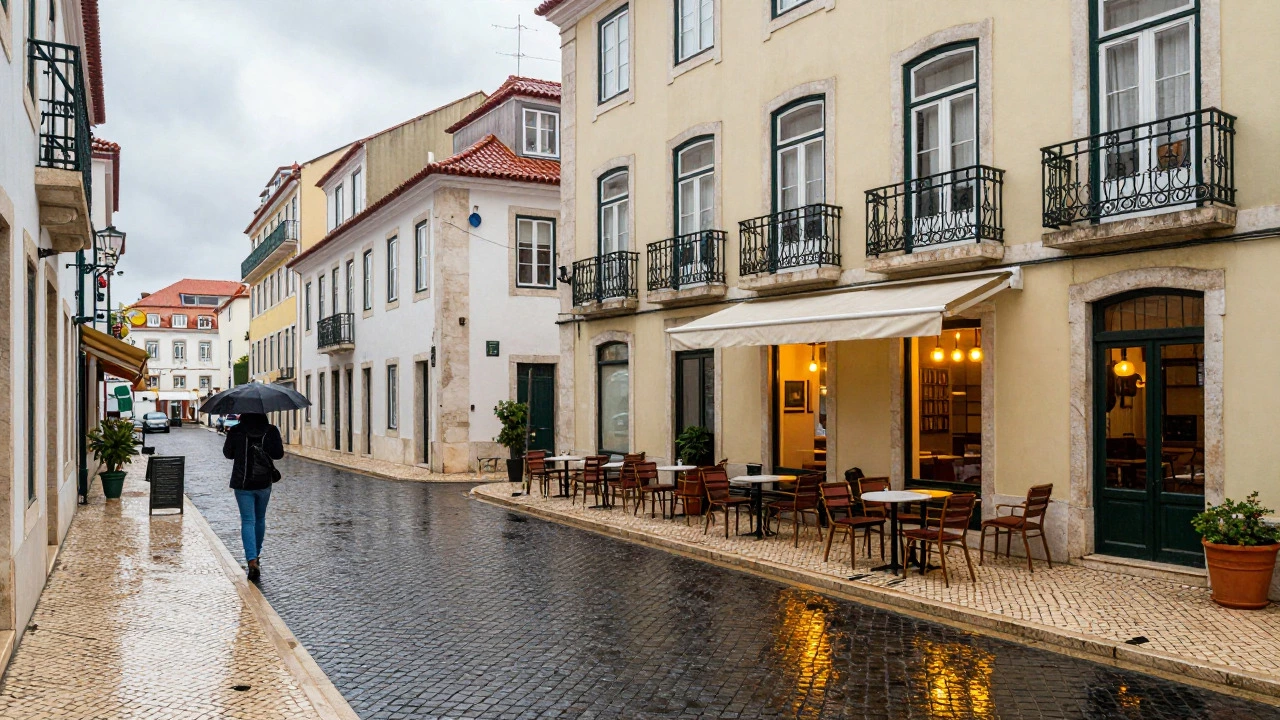 Quiet rainy street in off-peak Lisbon illustrating flexible travel opportunities