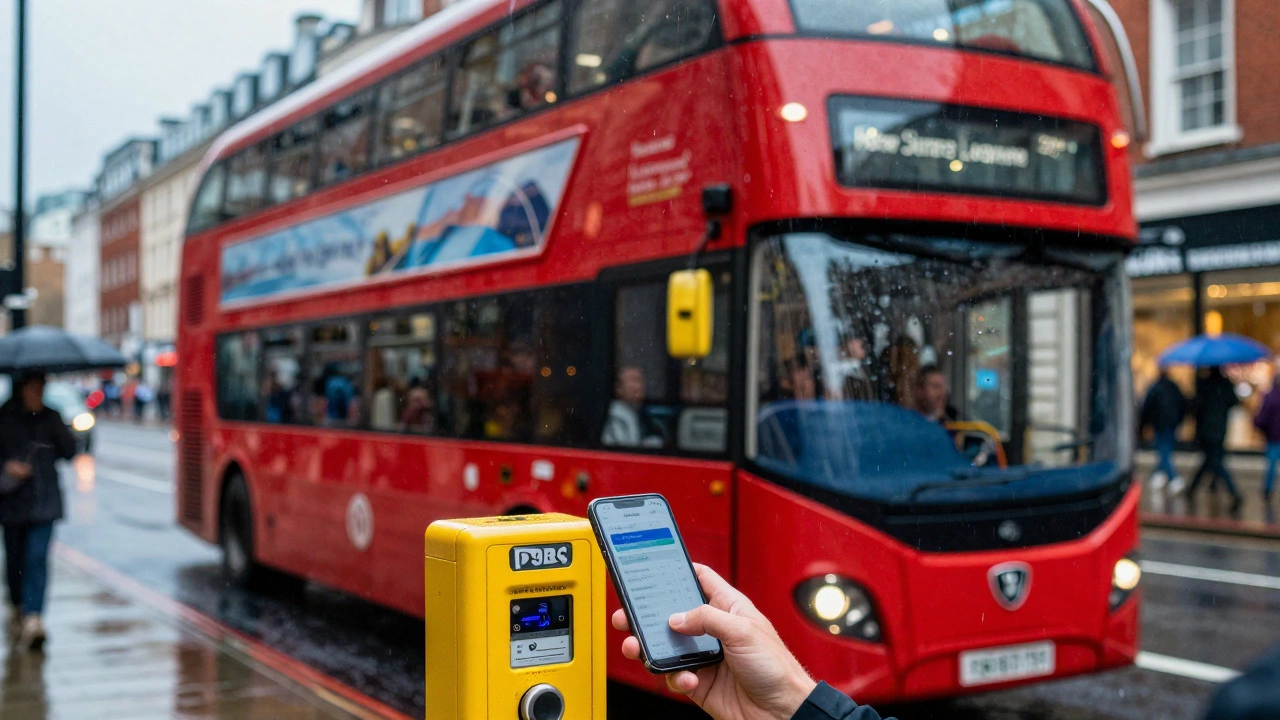 Red double-decker bus in London rain with passenger tapping contactless card to pay