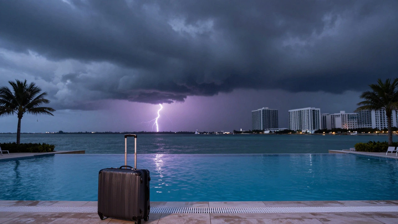 Storm clouds gathering over a quiet Miami resort pool in September