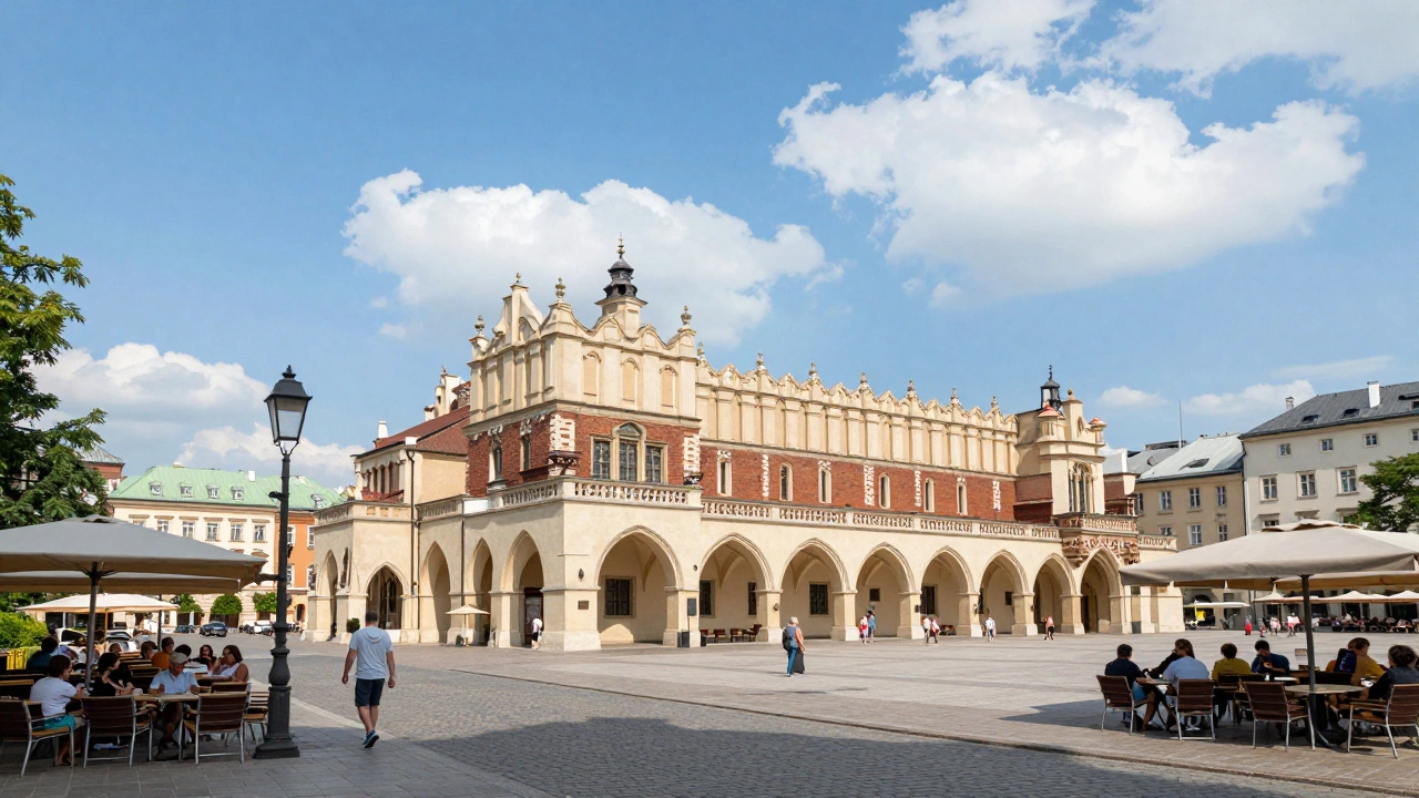 Tourists enjoying cafes in Krakow's historic Main Market Square